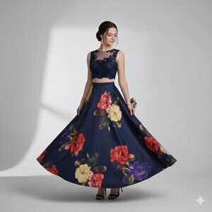 Camille La Vie 2-Piece Prom Dress - Navy Blue Lace Crop Top & Floral Satin Skirt